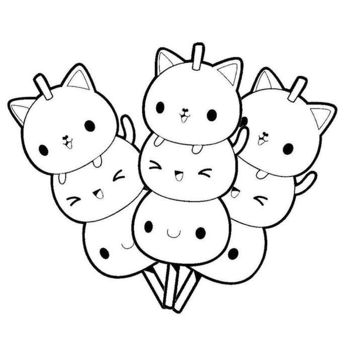 Espetinho de dangos kawaii com carinhas de gato para colorir. Arte fofa de comida japonesa.
