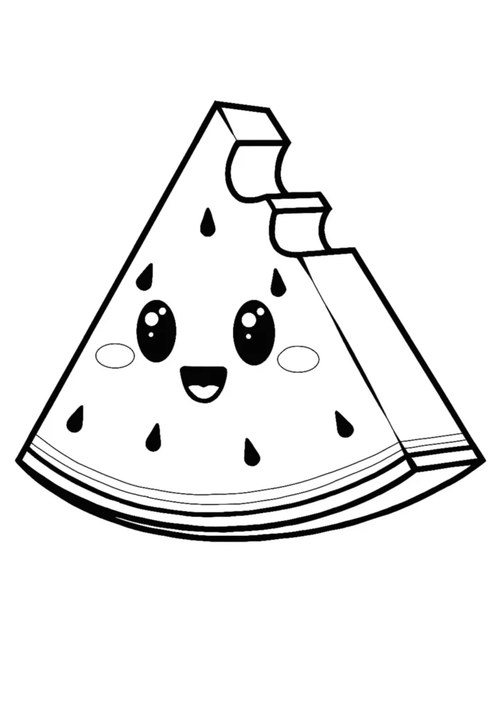 Fatia de melancia kawaii para colorir, com mordidas e expressão amigável.