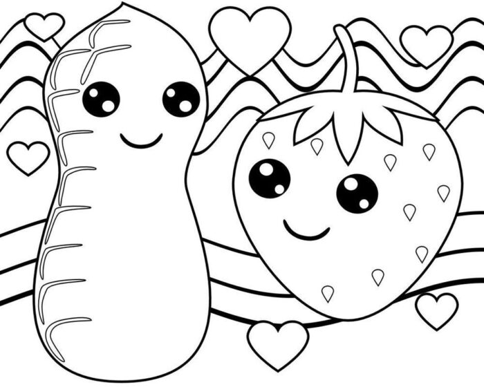 Amendoim e morango kawaii para colorir: desenhos fofos de frutas com expressões alegres e corações.