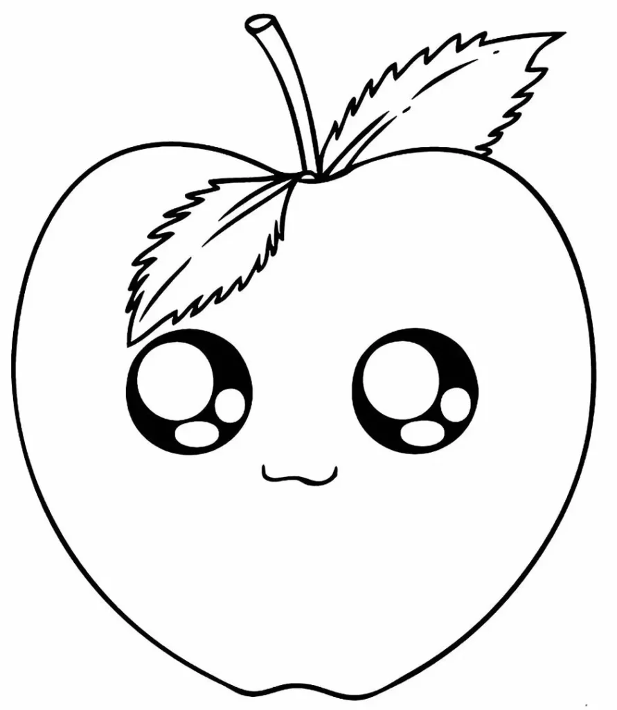 Desenho kawaii de maçã para colorir. Fruta com olhos grandes, boca sorridente e folhas, perfeita para atividades de colorir.
