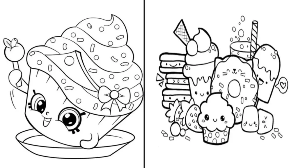 Desenhos Kawaii de Comidas: Doces adoráveis para colorir com cupcake, pirulito e outros alimentos fofos.