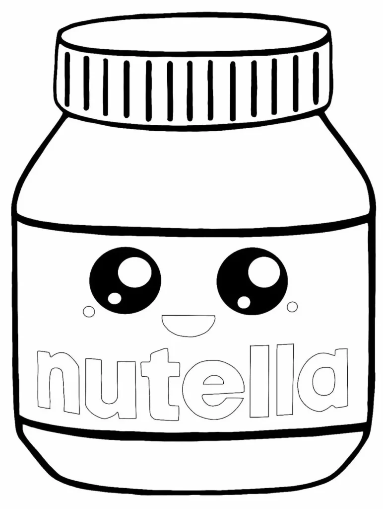 Desenho kawaii de pote de Nutella para colorir. Arte fofa de Nutella com rosto sorridente e olhos grandes.