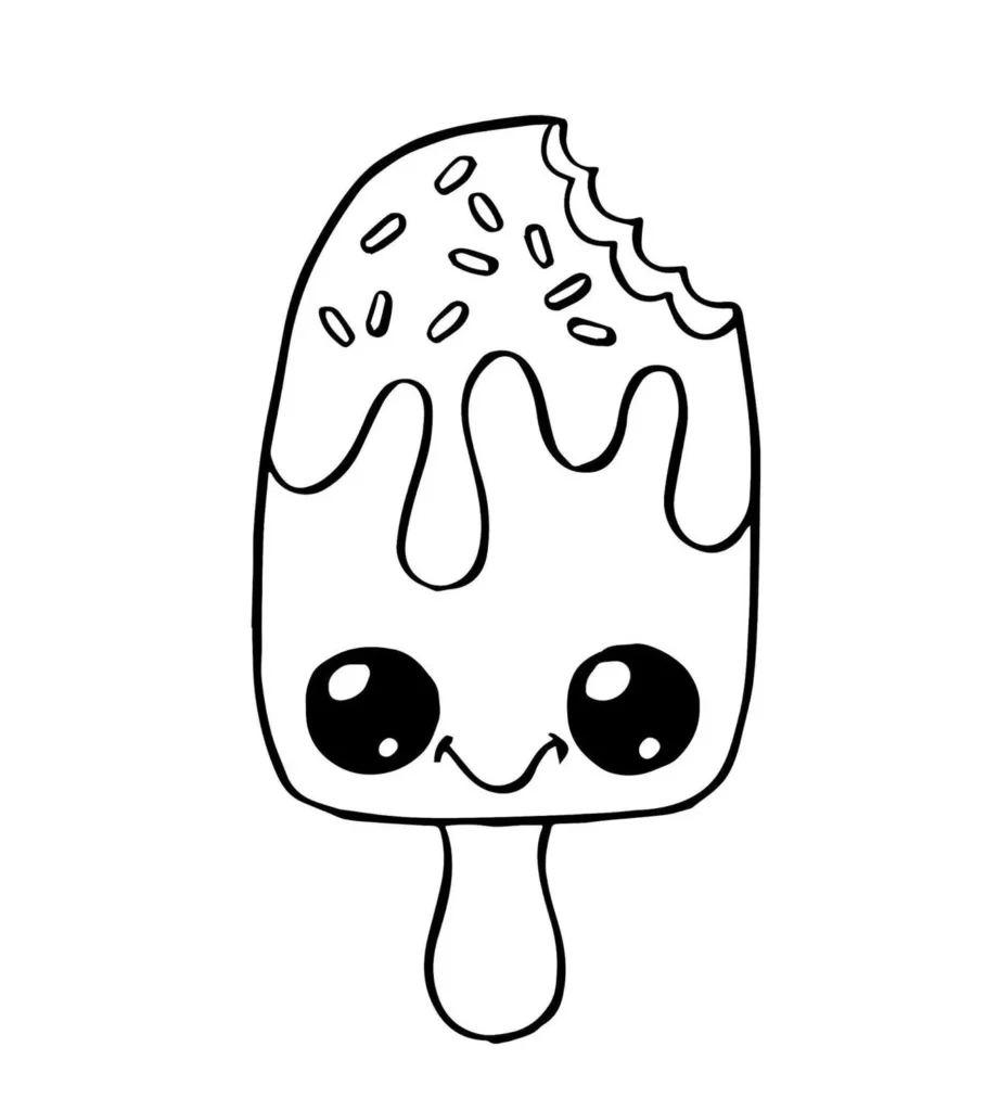 Picolé Kawaii com mordida, olhos grandes e sorriso para colorir.