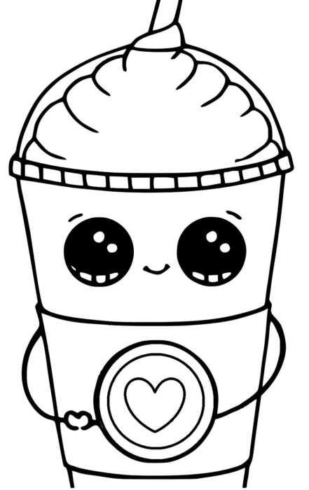 Sorvete Kawaii para colorir: desenho divertido de bebida gelada com rosto expressivo.