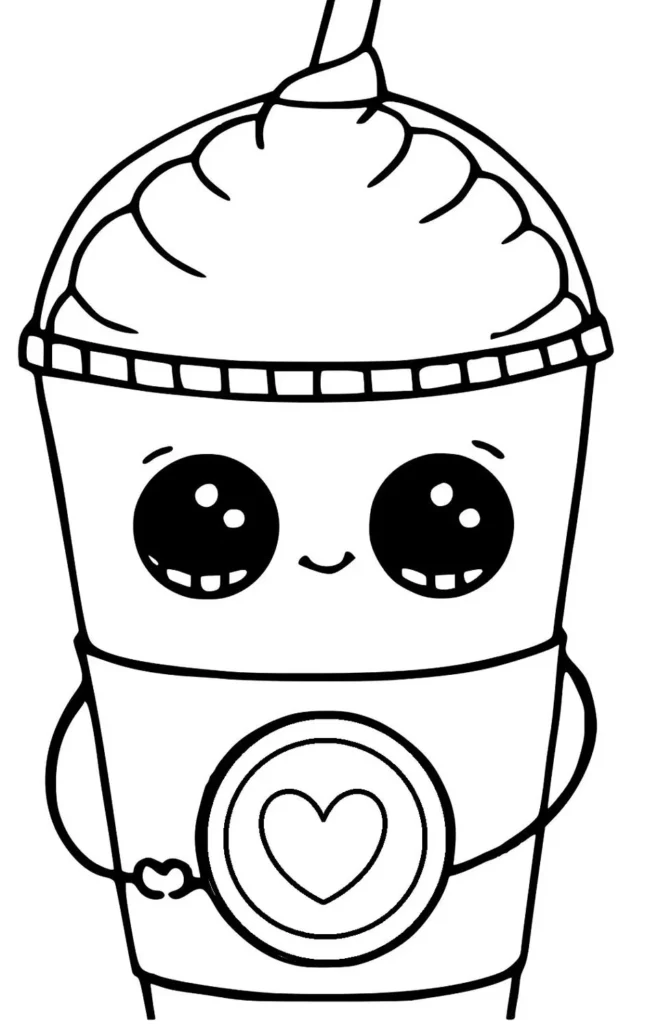 Sorvete Kawaii para colorir: desenho divertido de bebida gelada com rosto expressivo.
