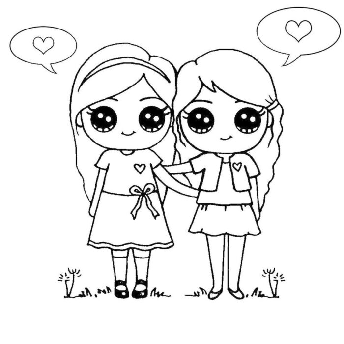 Desenhos Kawaii de Amigas: Garotas fofas de mãos dadas no gramado com corações.
