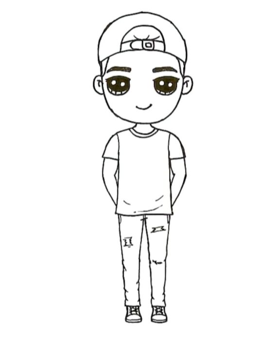 Desenho Kawaii de Menino com Boné Virado para Trás, Jeans Rasgado e Tênis.