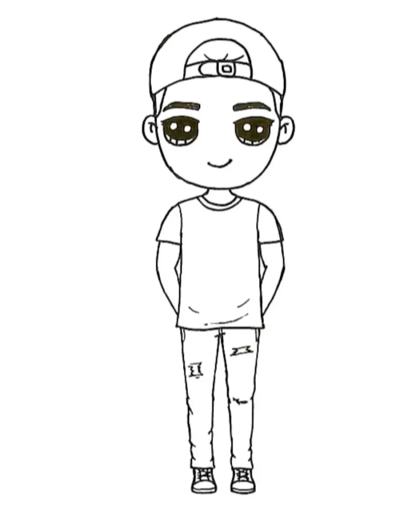 Desenho Kawaii de Menino com Boné Virado para Trás, Jeans Rasgado e Tênis.