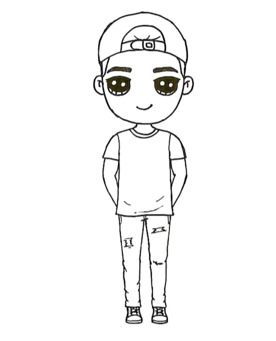 Desenho Kawaii de Menino com Boné Virado para Trás, Jeans Rasgado e Tênis.