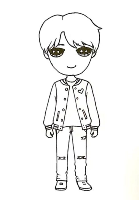 Desenho Kawaii de menino com casaco de couro estiloso, calça jeans rasgada e tênis.