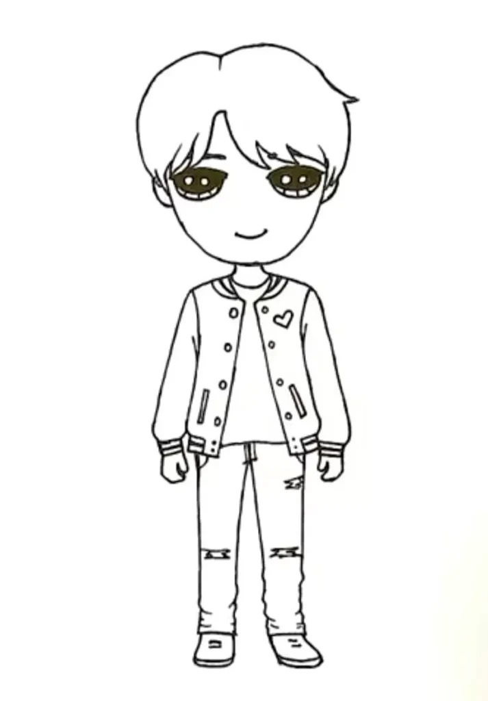 Desenho Kawaii de menino com casaco de couro estiloso, calça jeans rasgada e tênis.