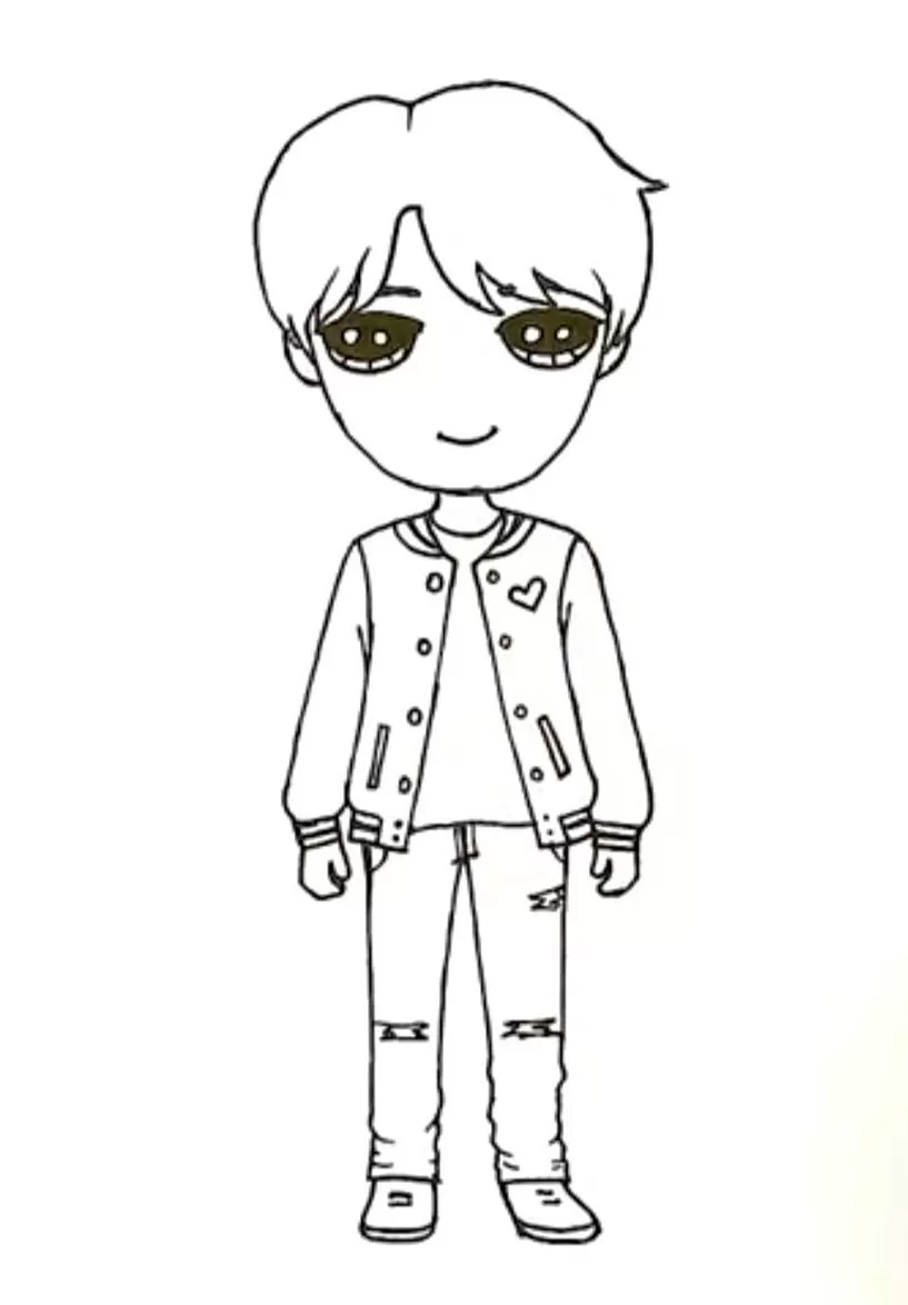 Desenho Kawaii de menino com casaco de couro estiloso, calça jeans rasgada e tênis.