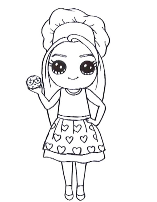 Menina cozinheira kawaii com cupcake de óculos. Desenho divertido de chef.