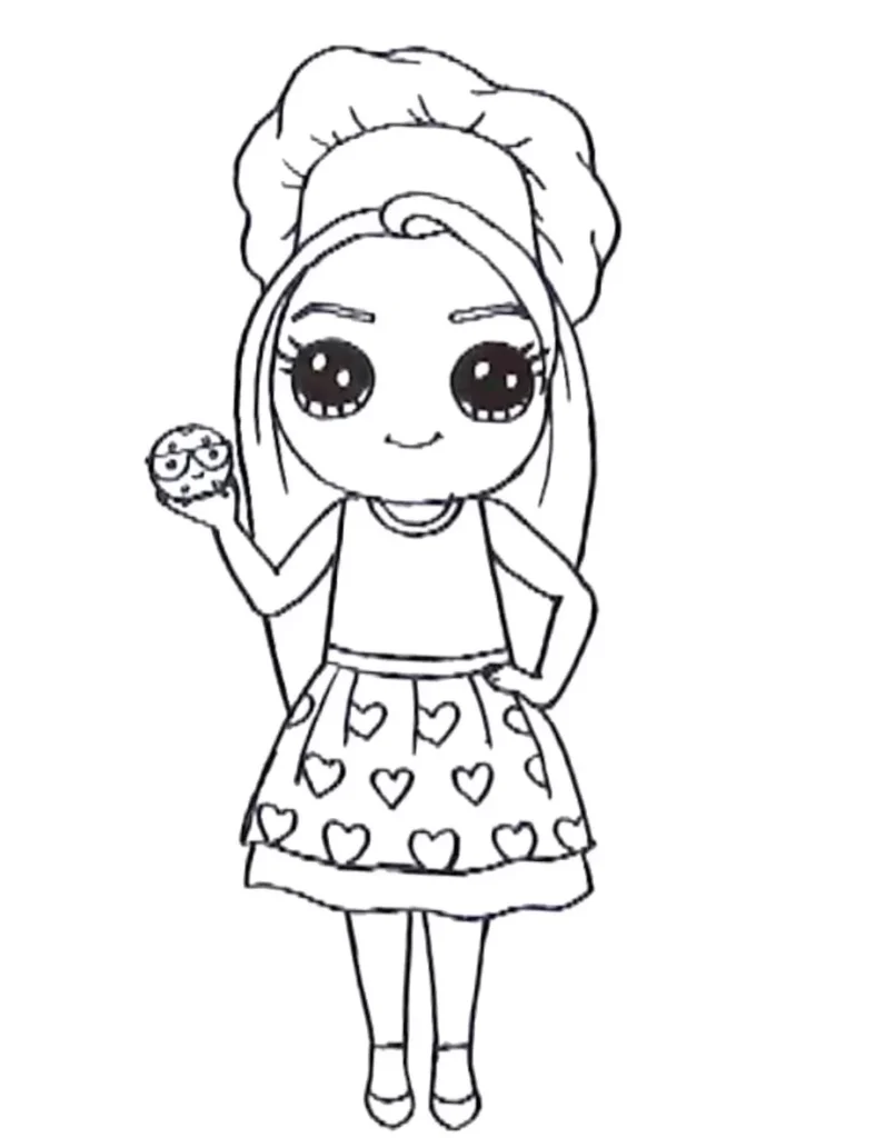 Menina cozinheira kawaii com cupcake de óculos. Desenho divertido de chef.