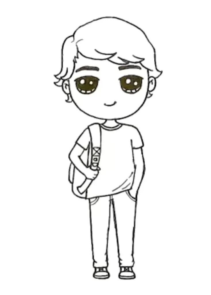 Desenho Kawaii de menino com mochila. Arte mangá fofa para usar.