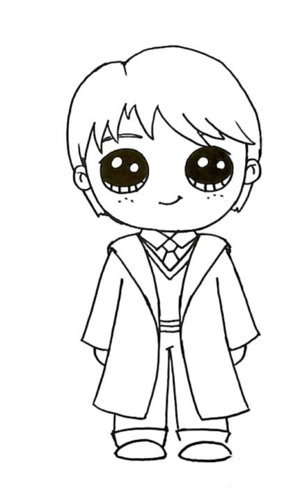 Desenho Kawaii de menino com jaleco grande. Estilo anime com olhos expressivos e sorriso amigável.