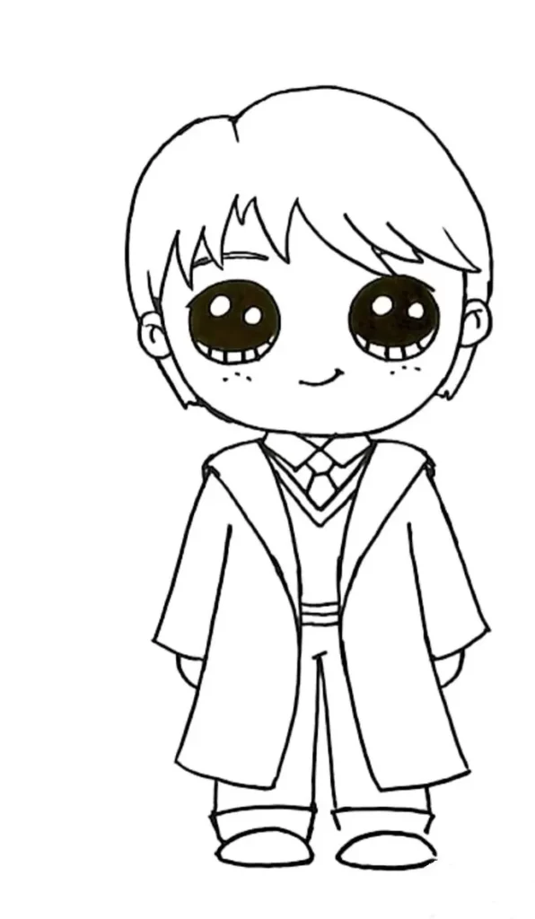 Desenho Kawaii de menino com jaleco grande. Estilo anime com olhos expressivos e sorriso amigável.