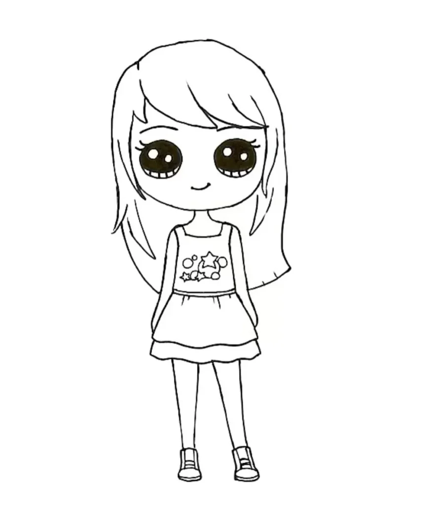 Desenho Kawaii de Menina Mocinha Charmosa com Cabelo Longo e Roupa Estrelada