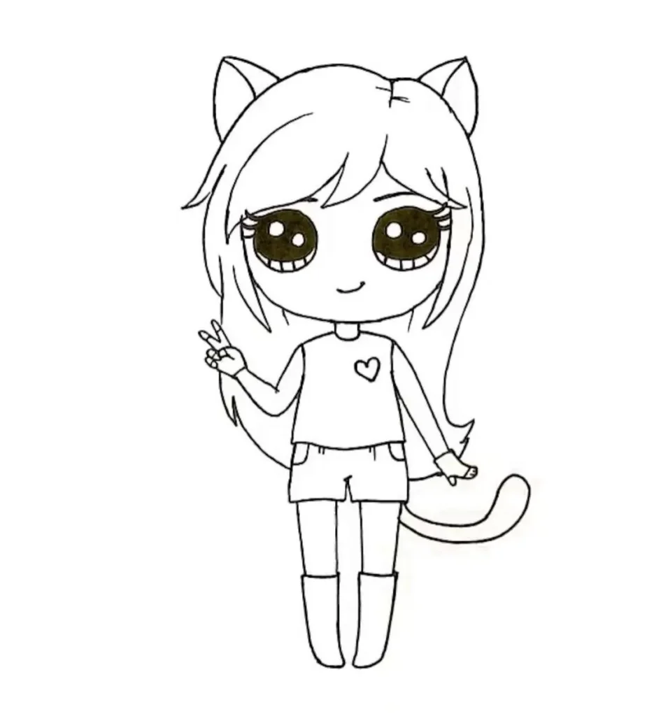 Menina kawaii com orelhas de gato e gesto de paz e amor.