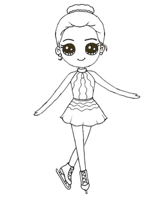 Patinadora de gelo kawaii com coque e vestido de patinação
