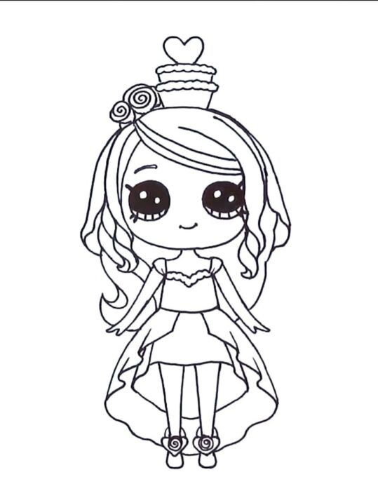 Menina Princesa Kawaii: Desenho delicado com coroa cupcake e vestido adornado.