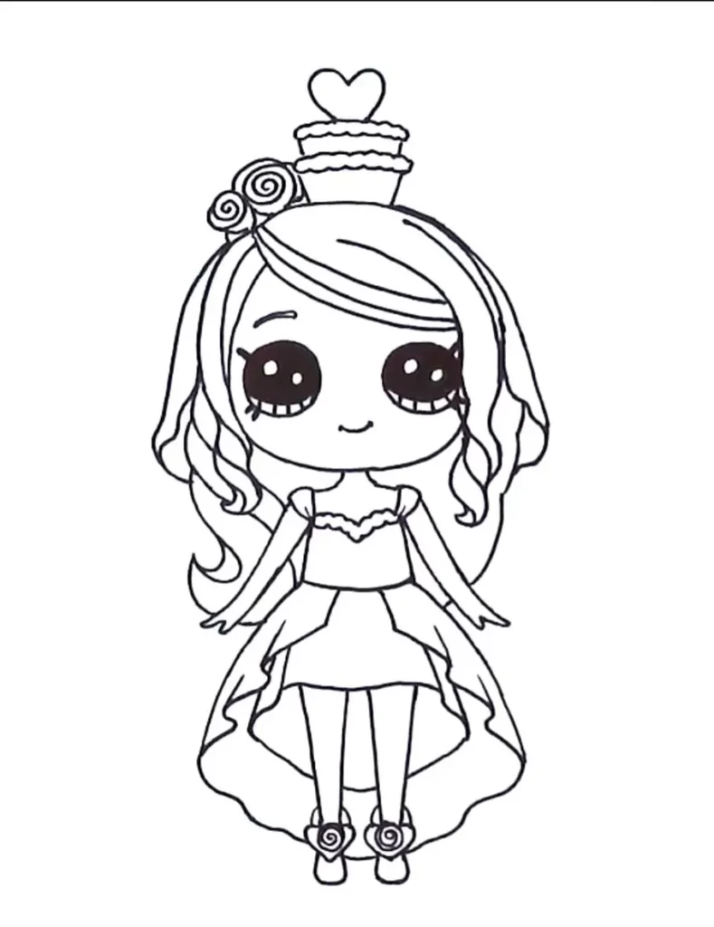 Menina Princesa Kawaii: Desenho delicado com coroa cupcake e vestido adornado.