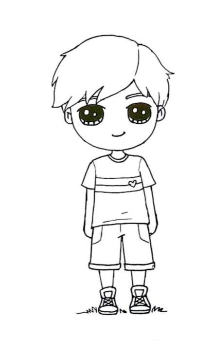 Menino Kawaii: Desenho fofo com camiseta listrada e coração.