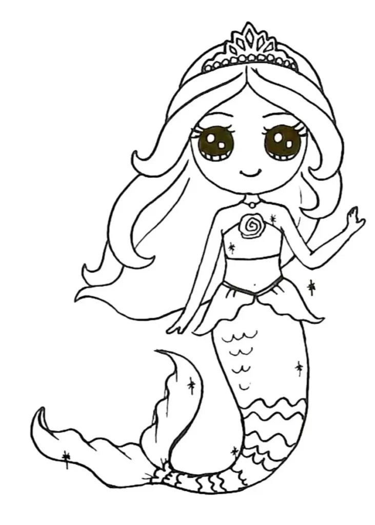 Desenho Kawaii de Sereia Menina com Coroa e Cauda Escamada