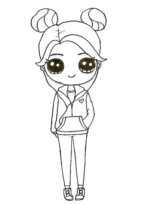 Desenhos Kawaii: Menina Tumbler com coques e casaco com capuz.