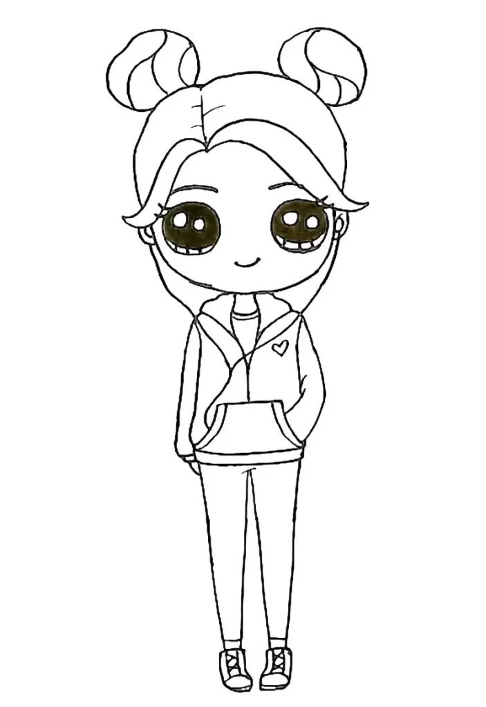Desenhos Kawaii: Menina Tumbler com coques e casaco com capuz.