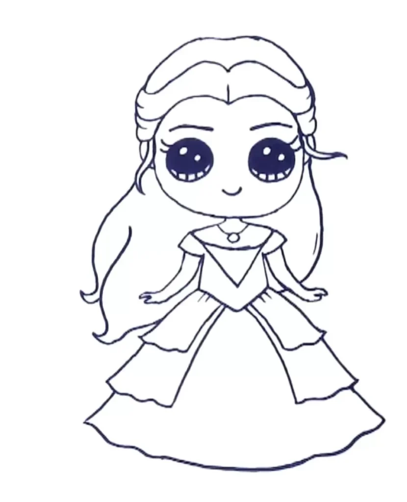Menina kawaii vestida de princesa com olhos grandes e sorriso doce.