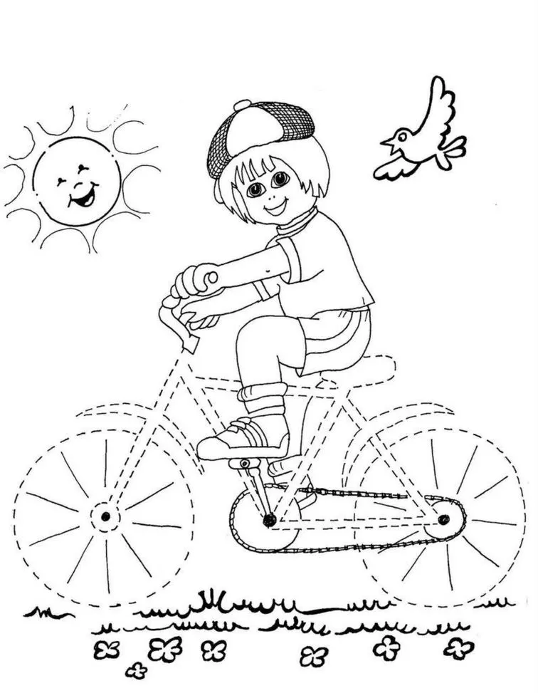 Menino de boné sorrindo anda de bicicleta em desenho pontilhado com sol e pássaro.