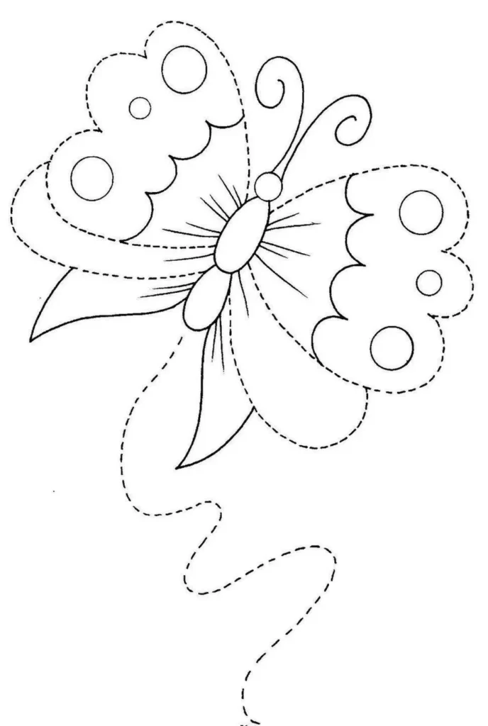 Desenho de borboleta com padrão tracejado simulando voo. Asas superiores onduladas com círculos internos, corpo segmentado e antenas espiraladas. Trilha pontilhada indica movimento.