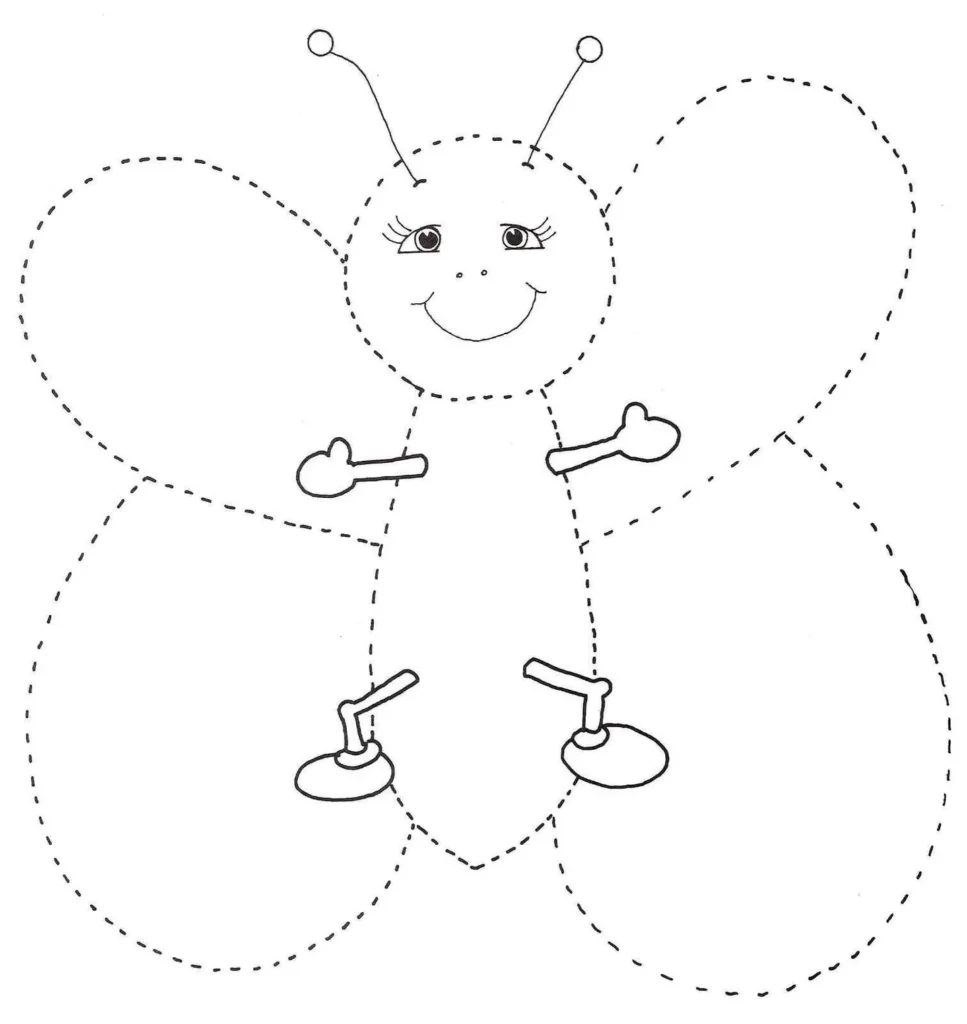 Desenho pontilhado de uma borboleta sorridente para crianças completarem.