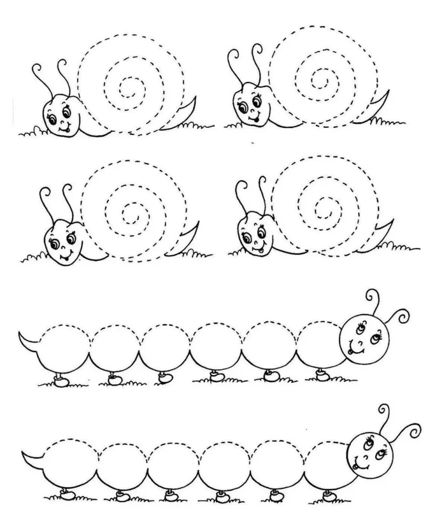 Caracóis e lagartas com linhas tracejadas para completar.
