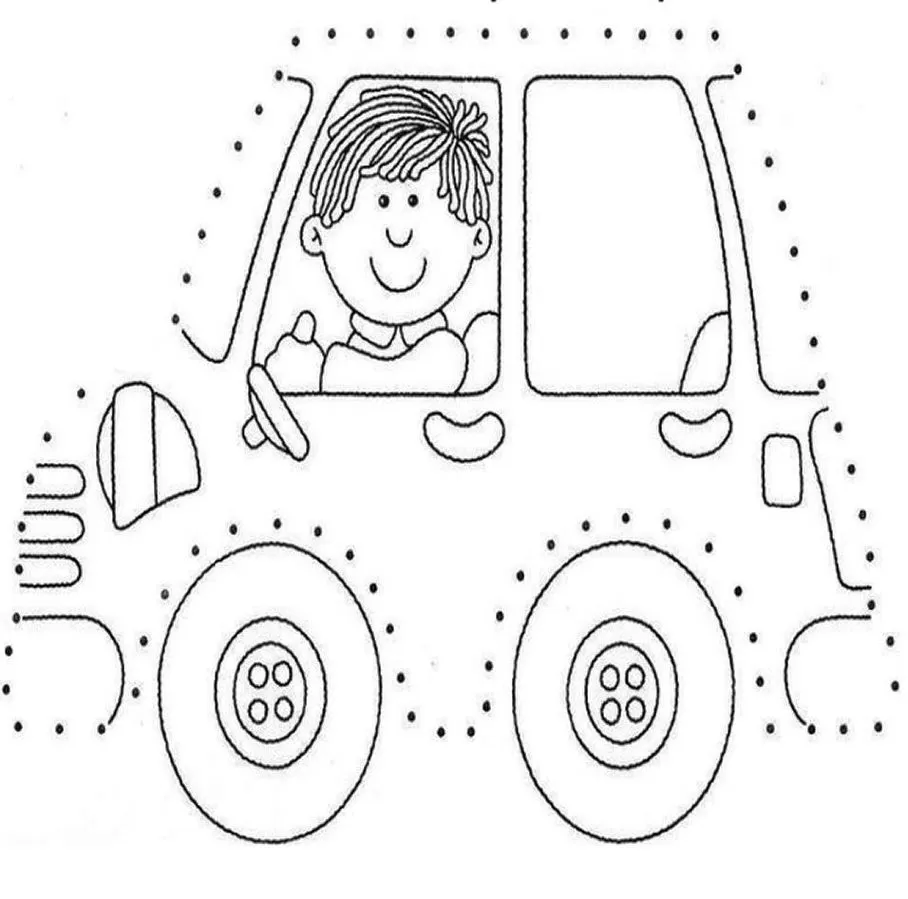 Desenho de carro pontilhado para atividades de coordenação motora, com um menino feliz ao volante.