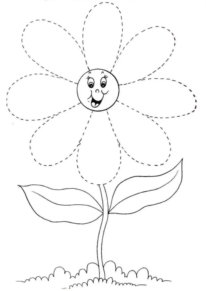 Desenho de flor sorridente com pétalas tracejadas para atividades de coordenação motora.