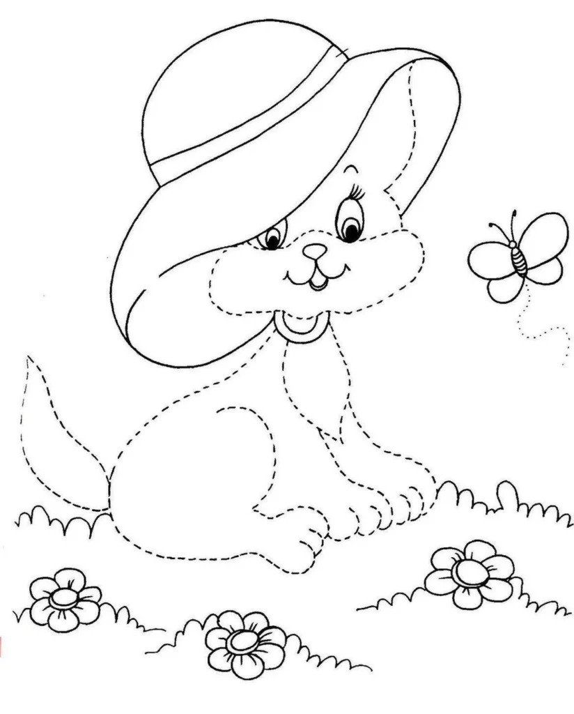 Gatinha charmosa com chapéu, flores e borboleta para atividades de coordenação motora.