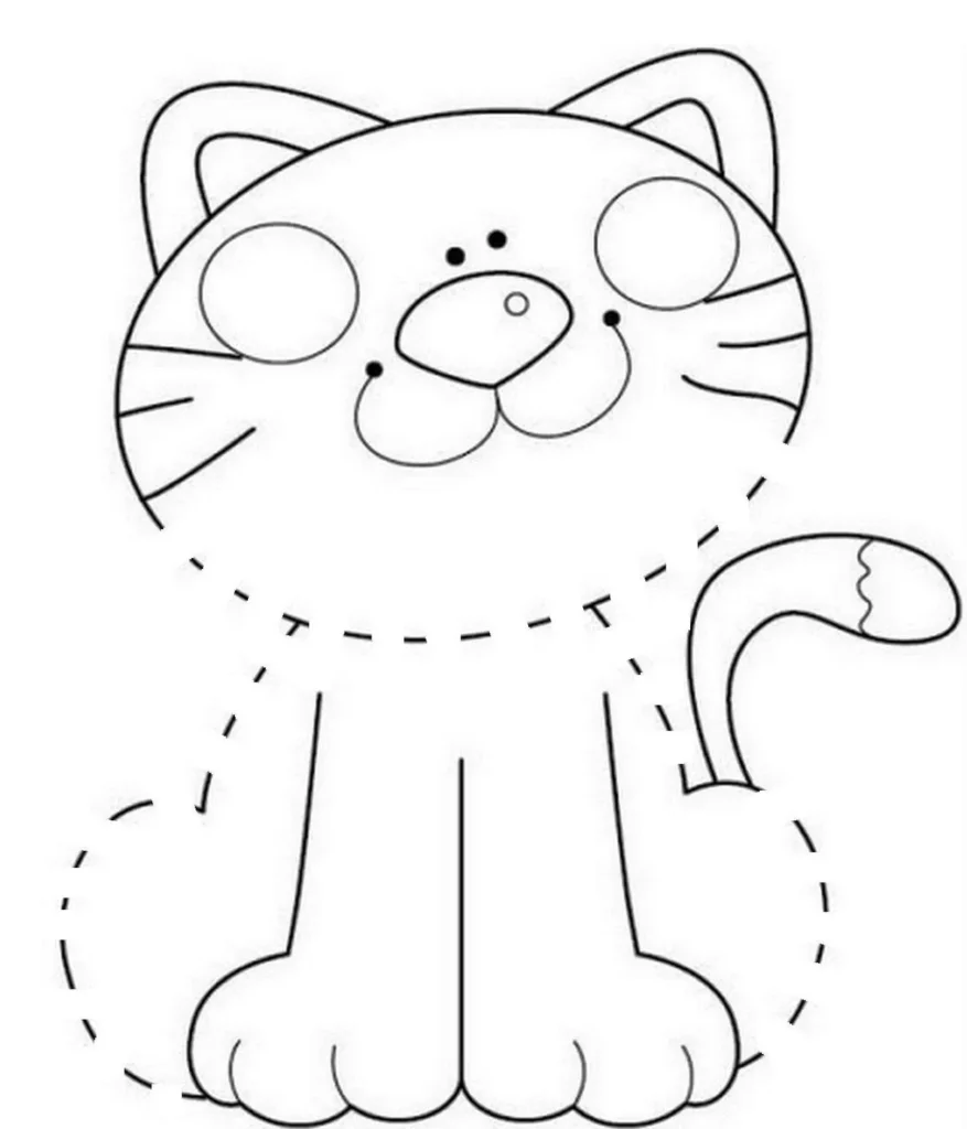 Gato com linhas tracejadas para atividades criativas.