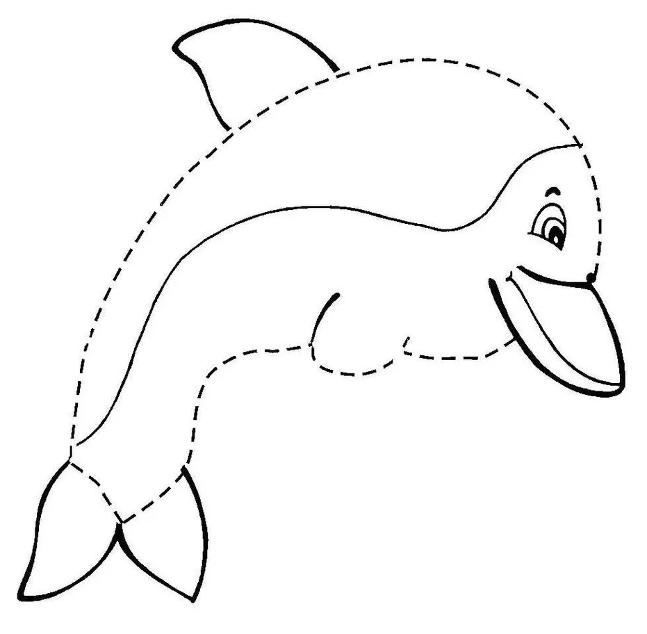 Golfinho para colorir: Complete o desenho pontilhado de um golfinho sorrindo e nadando.