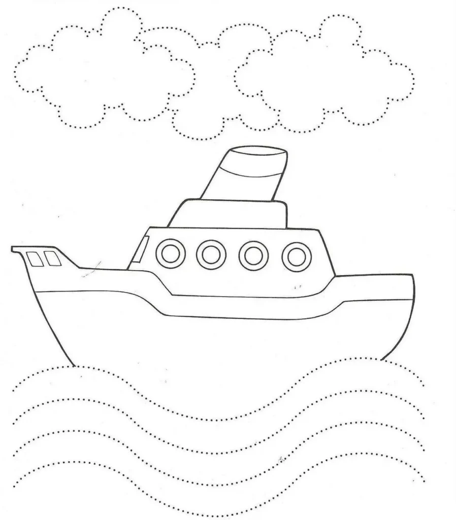 Navio para completar com pontilhados e tracejados, ideal para atividades de coordenação motora.