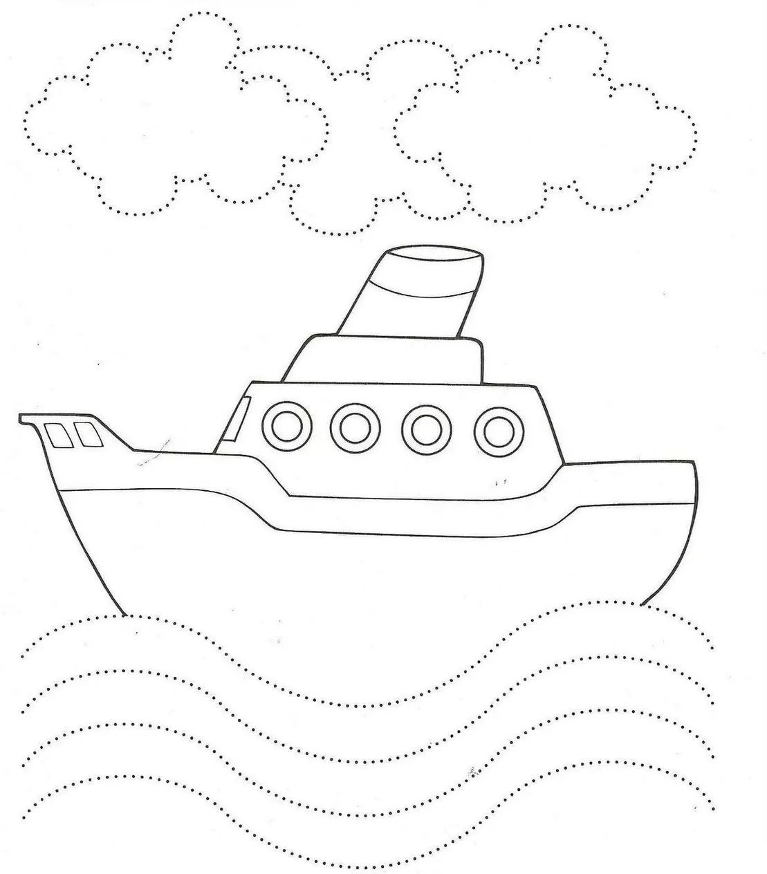 Navio para completar com pontilhados e tracejados, ideal para atividades de coordenação motora.