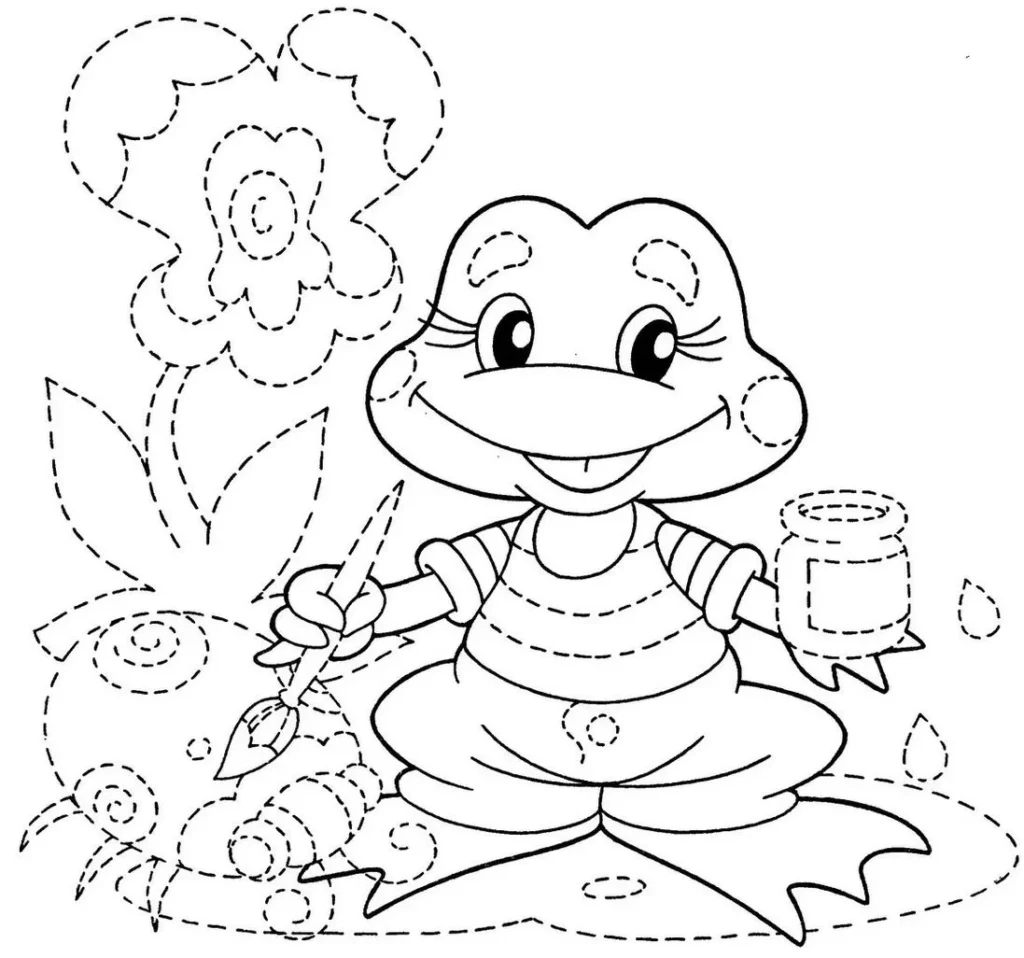 Sapo sorridente desenhando flor e espirais com pincel, ideal para aprender a desenhar seguindo os pontilhados.