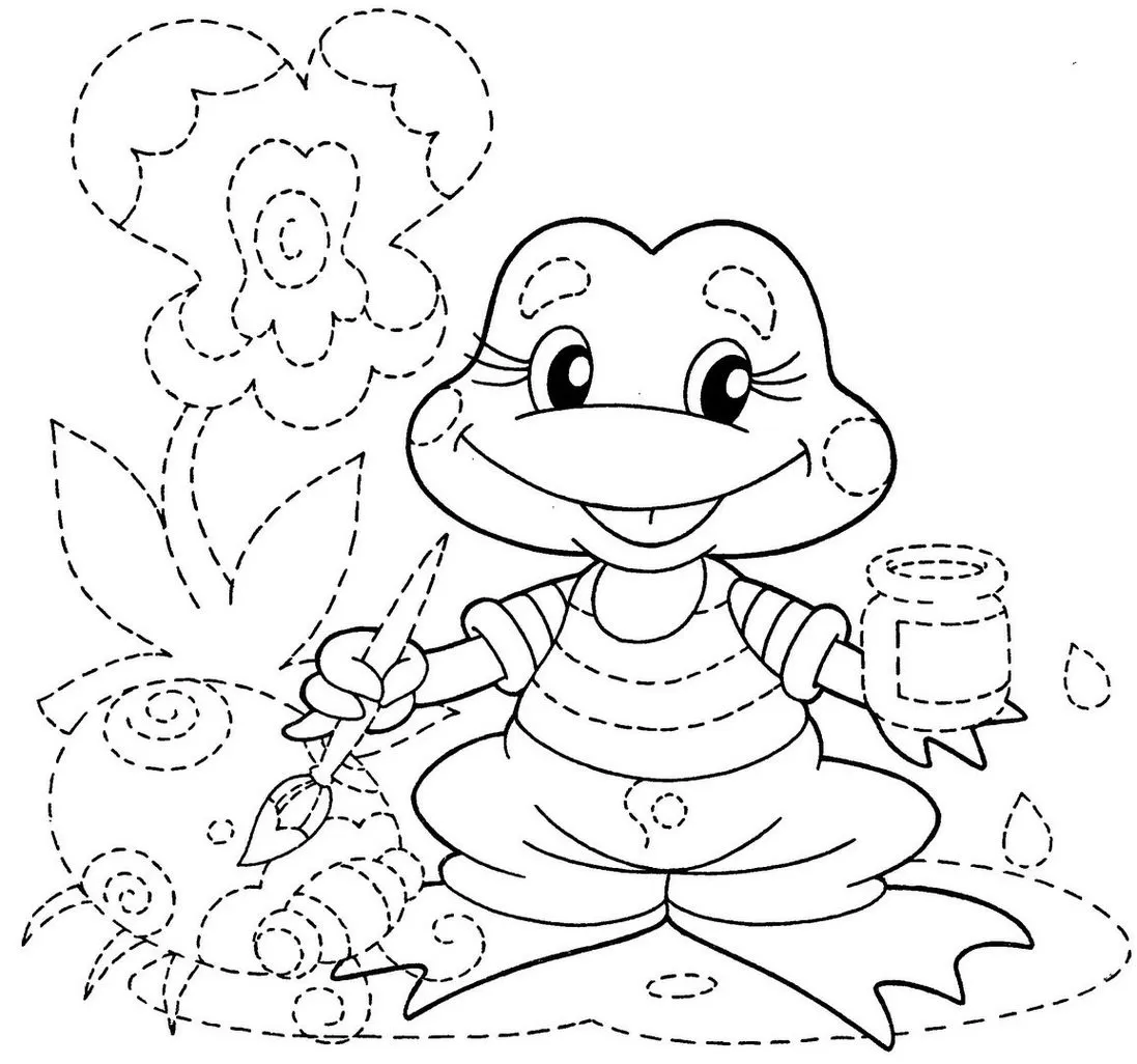 Sapo sorridente desenhando flor e espirais com pincel, ideal para aprender a desenhar seguindo os pontilhados.