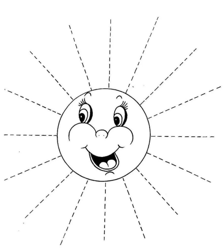 Sol sorrindo com raios tracejados para completar.