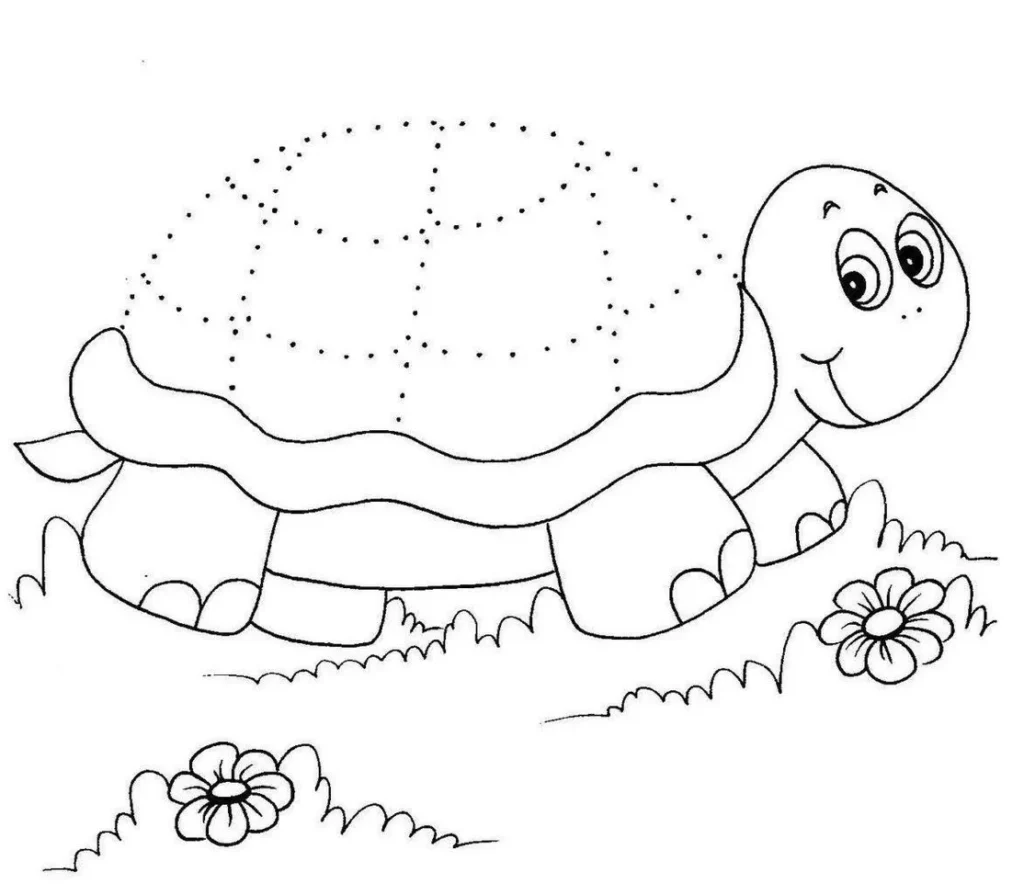 Tartaruga sorrindo em prado florido, desenho pontilhado para completar
