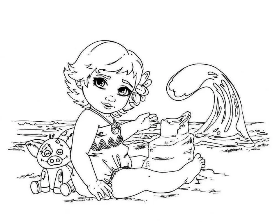 Moana para colorir na praia: menina e porquinho construindo castelo de areia.
