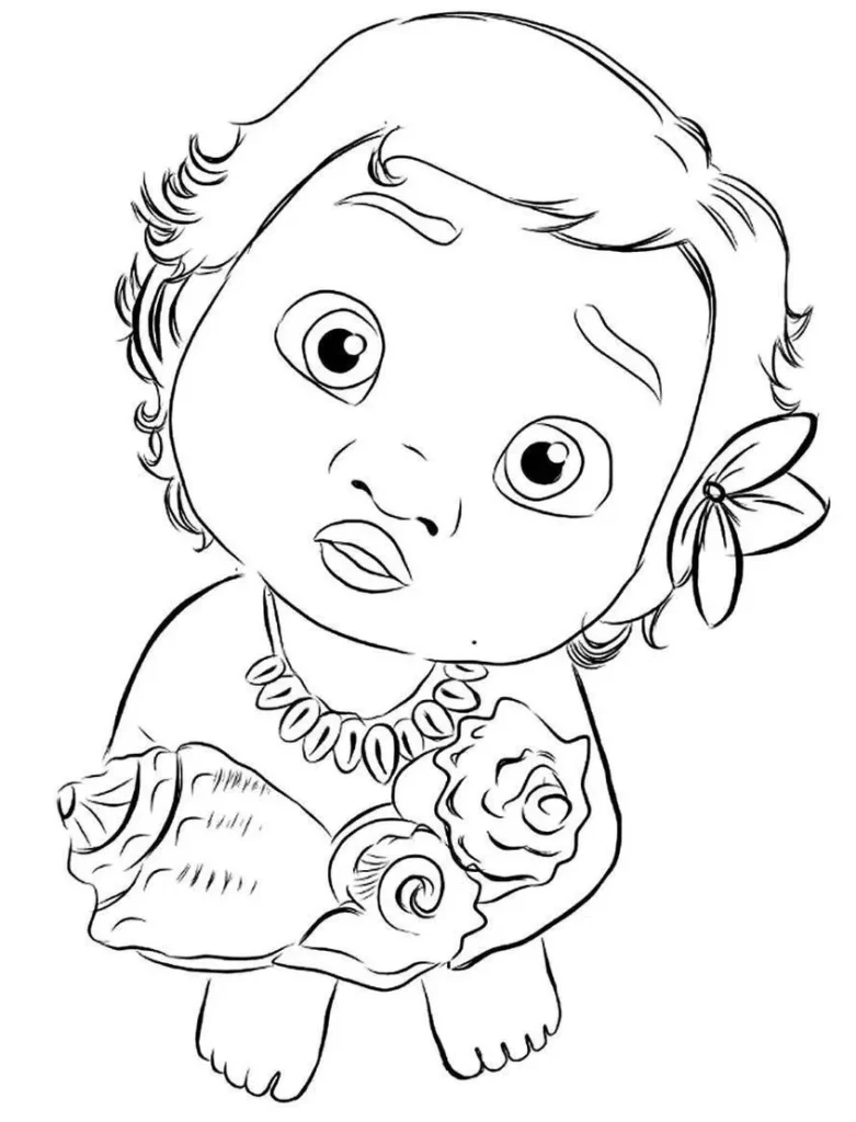 Moana Bebê Curiosa para Colorir: Desenho Detalhado com Conchas