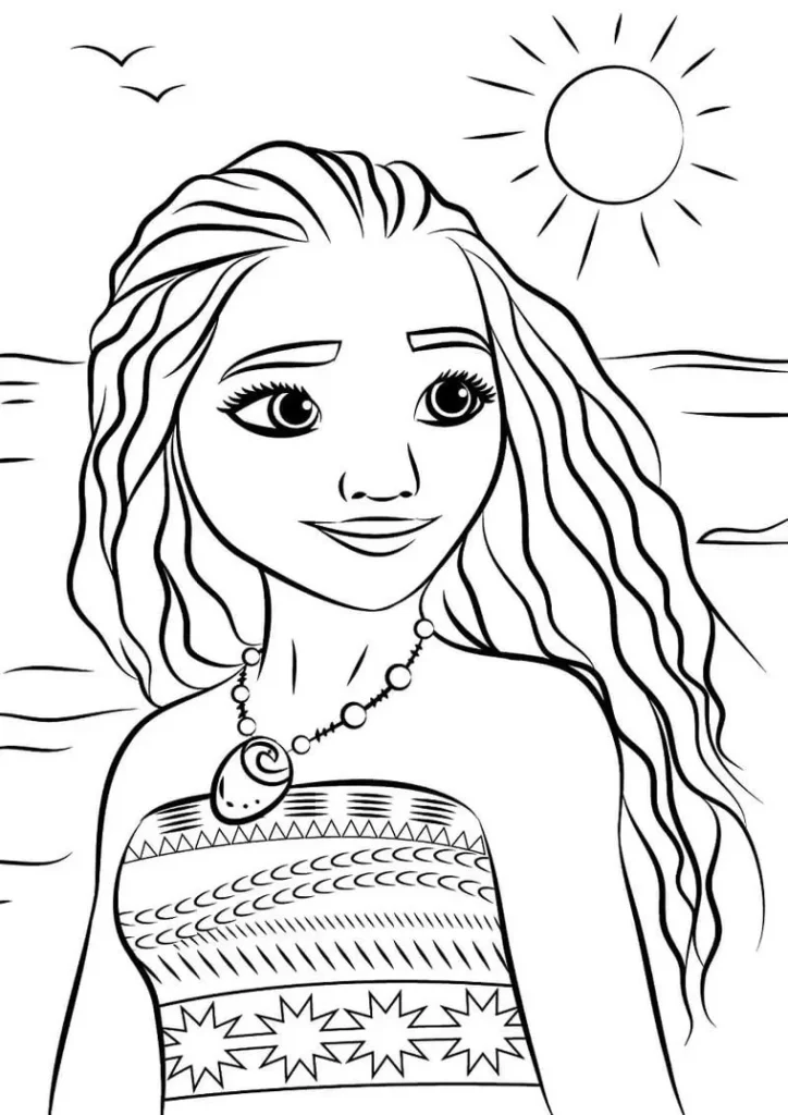 Moana para colorir: aproveitando o sol na praia