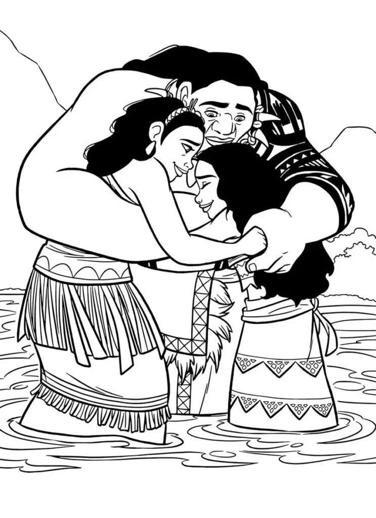 Desenho de Moana Familia para Colorir: Maui, Moana e Mãe na Água